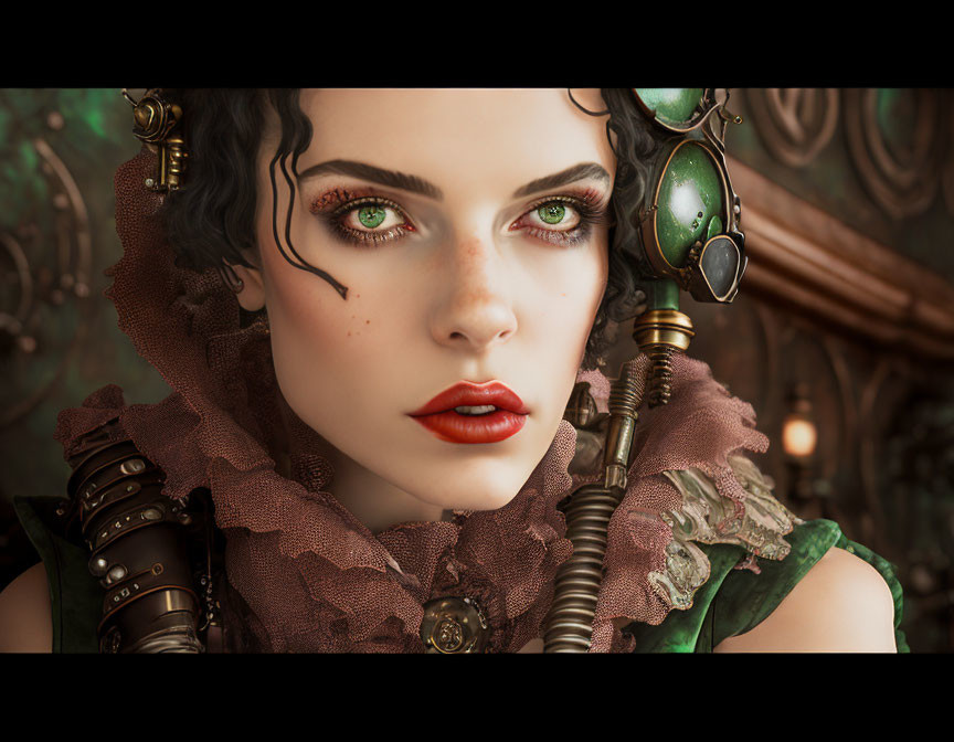 Steampunk-themed digital artwork: Woman with emerald green eyes and brass goggles