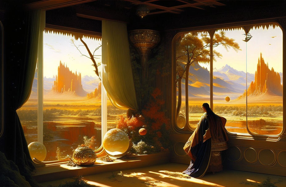 Cloaked figure gazing at fantastical landscape with spires and floating orbs at sunset