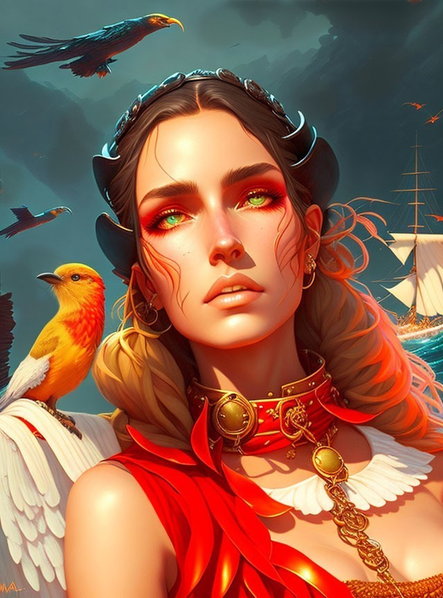 Illustrated woman with green eyes in red and gold outfit with bird and crow, ships in background