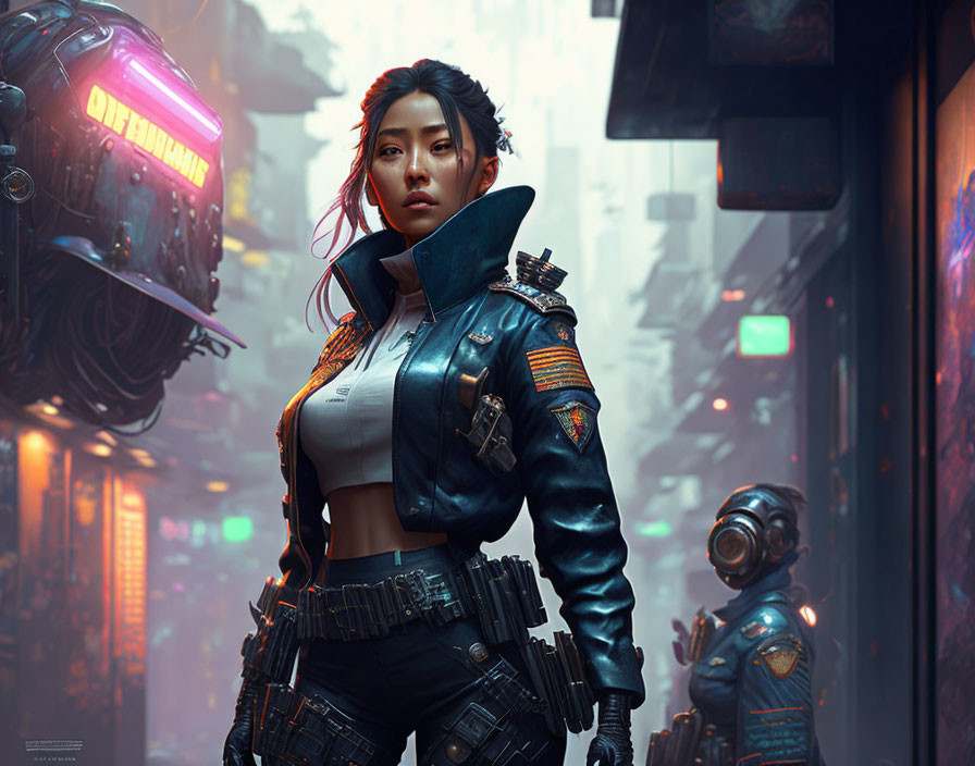 Futuristic female cyberpunk character in neon-lit street