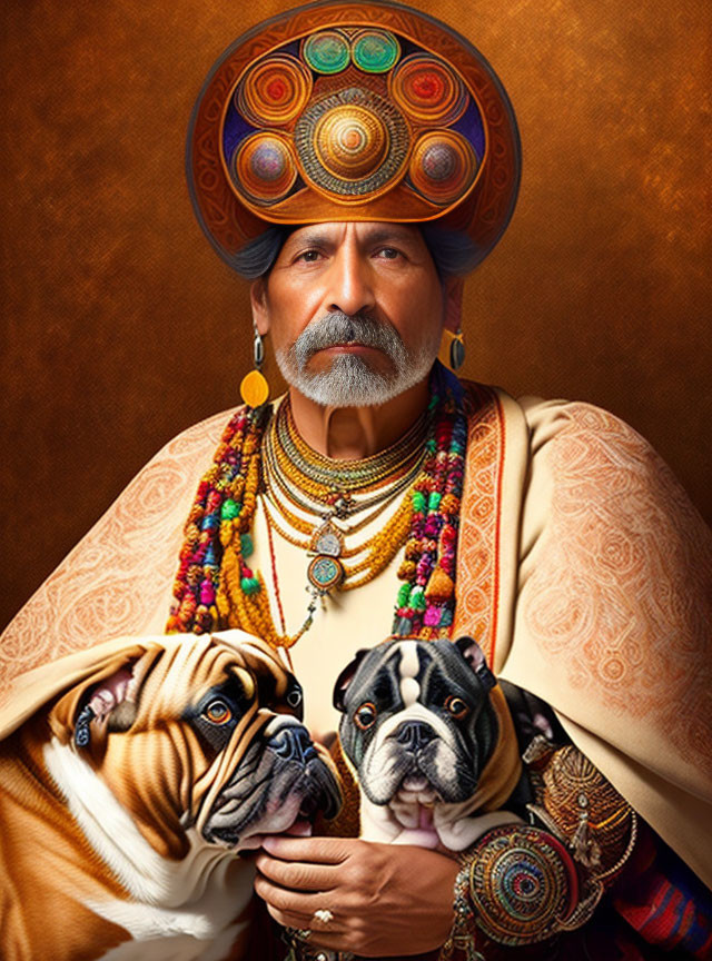 Bearded man in decorative attire with two bulldogs on warm backdrop