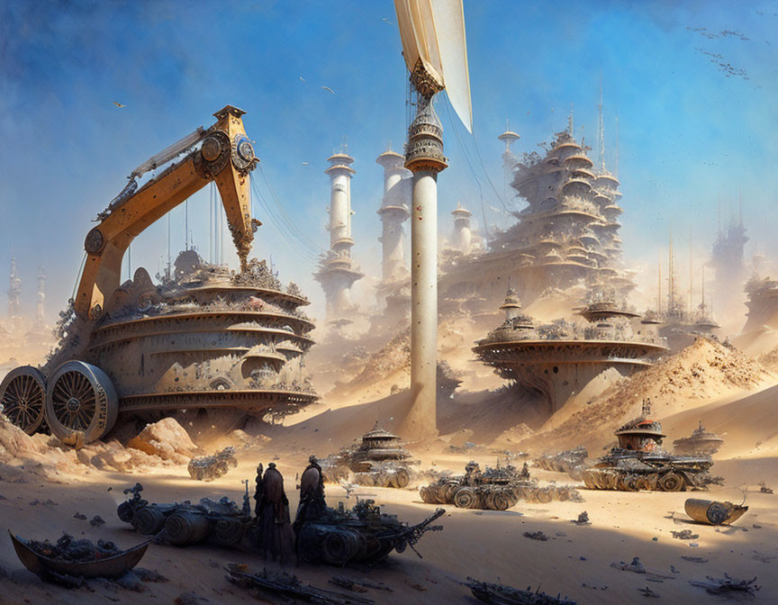 Futuristic machinery in vast desert landscape with towering structures.