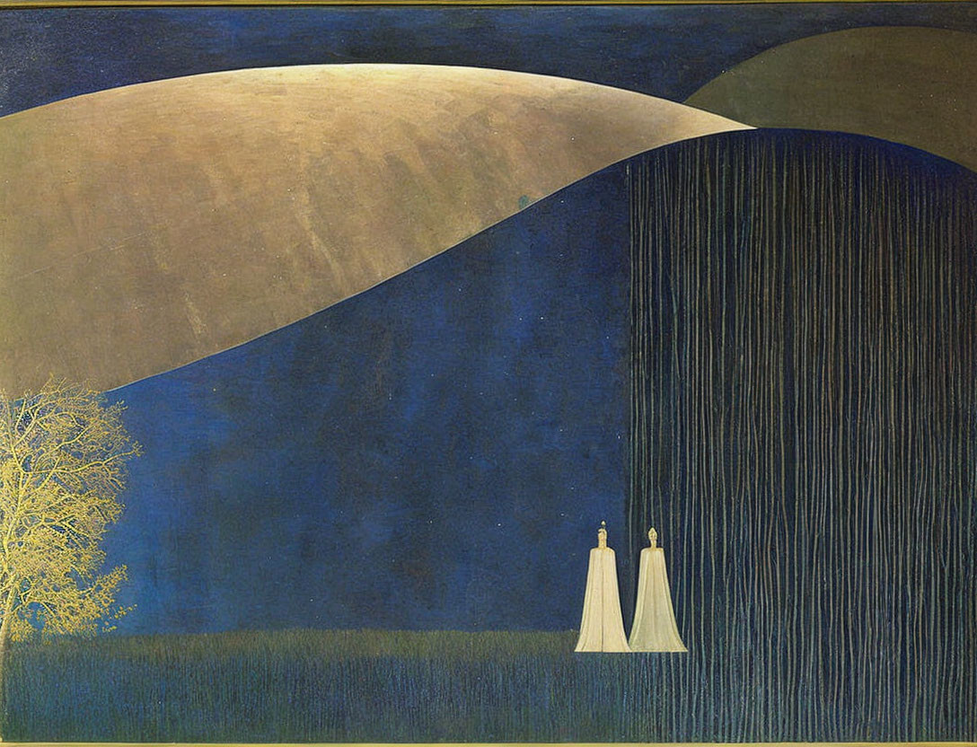 Nocturnal landscape with two robed figures, moon, tree, and waterfall