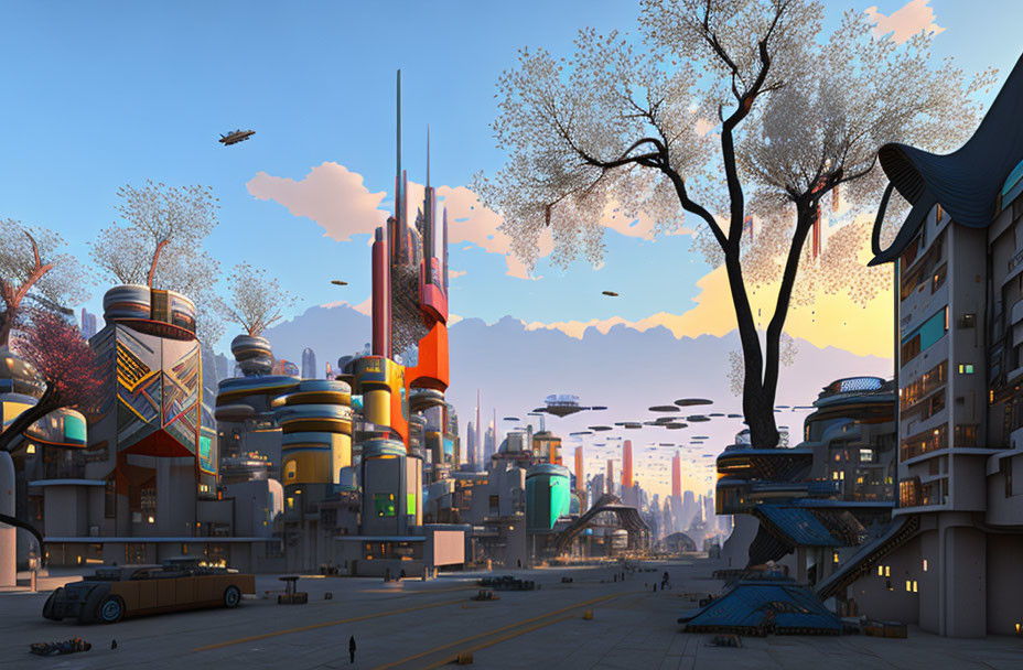 Futuristic daytime cityscape with flying cars, skyscrapers, modern architecture, and lone tree