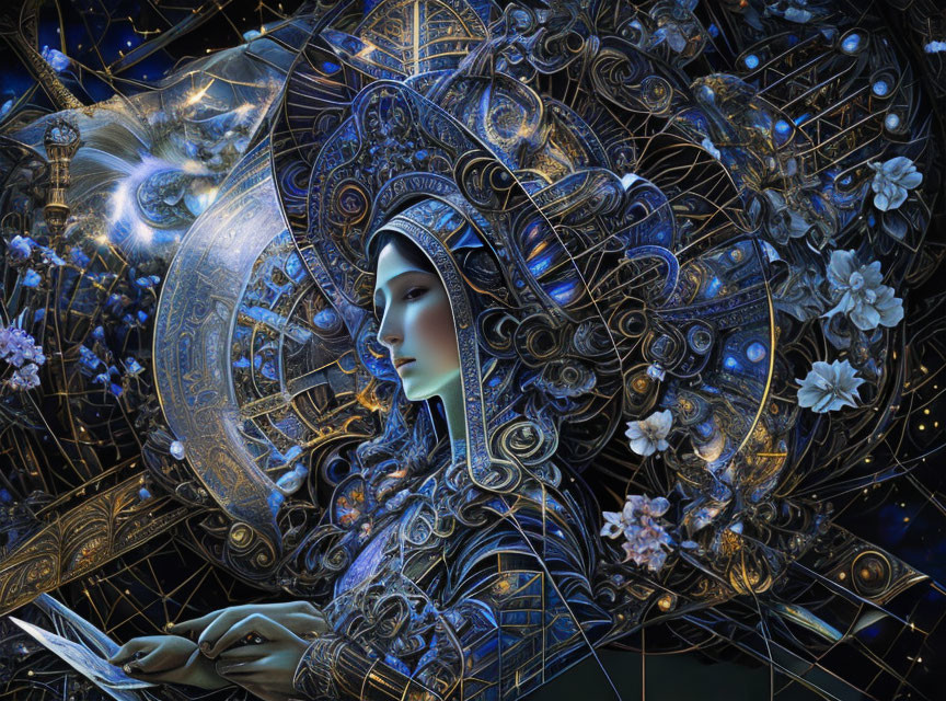 Digital Artwork: Woman with Metallic Adornments and Celestial Motifs