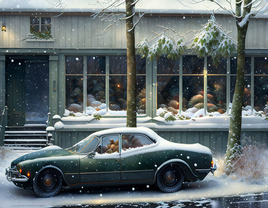 Vintage car parked in snowy holiday scene with festive house decorations.