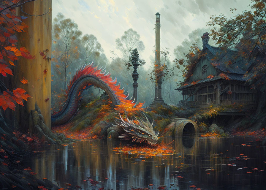 Mystical dragon by serene lake with autumn foliage and ancient pillar in foggy forest