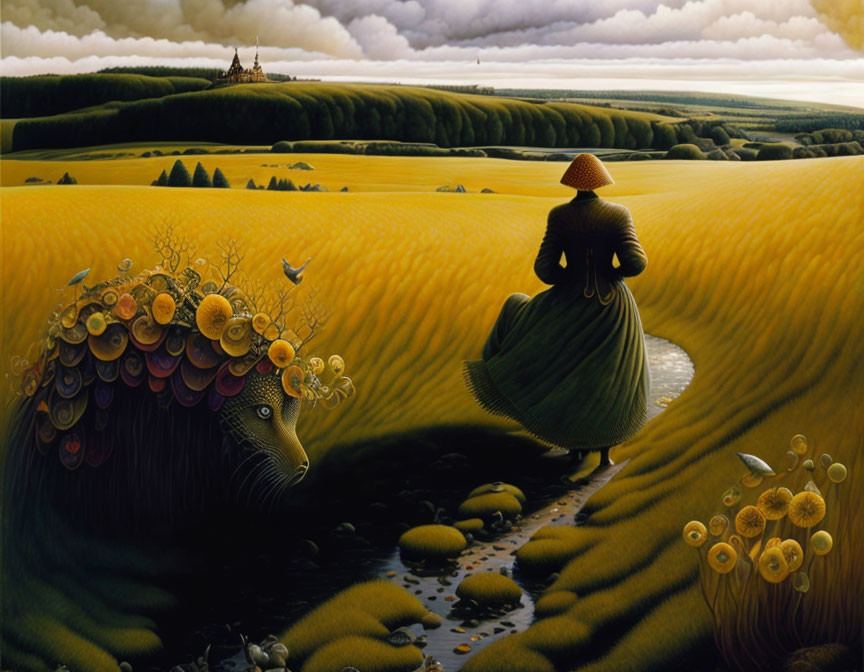 Surreal landscape with golden fields, figure in red hat, unique flora, and distant castle under