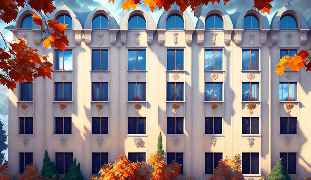 Sunlit multi-story building with arched windows and autumn-colored trees