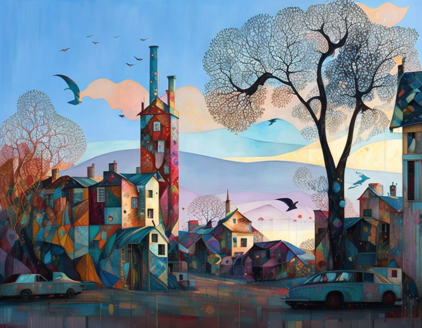 Colorful village illustration with patchwork buildings, towering tree, birds, and cars under pastel sky