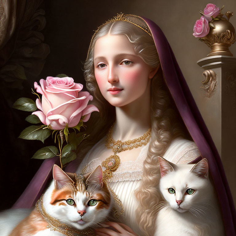 Portrait of elegant woman with pink rose, golden necklace, purple shawl, holding two cats