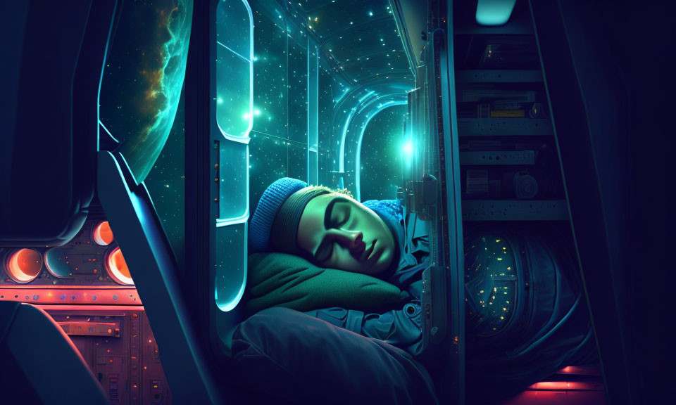 Person Sleeping in Spacecraft with Earth View at Night