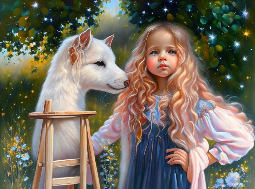 Blonde girl with white wolf in forest clearing