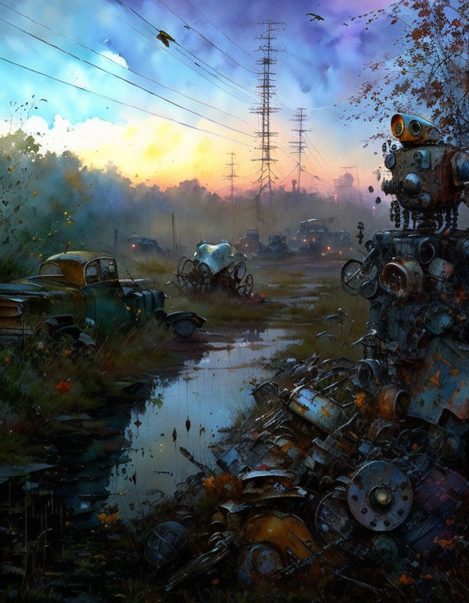 Robot in post-apocalyptic landscape with derelict cars and power lines