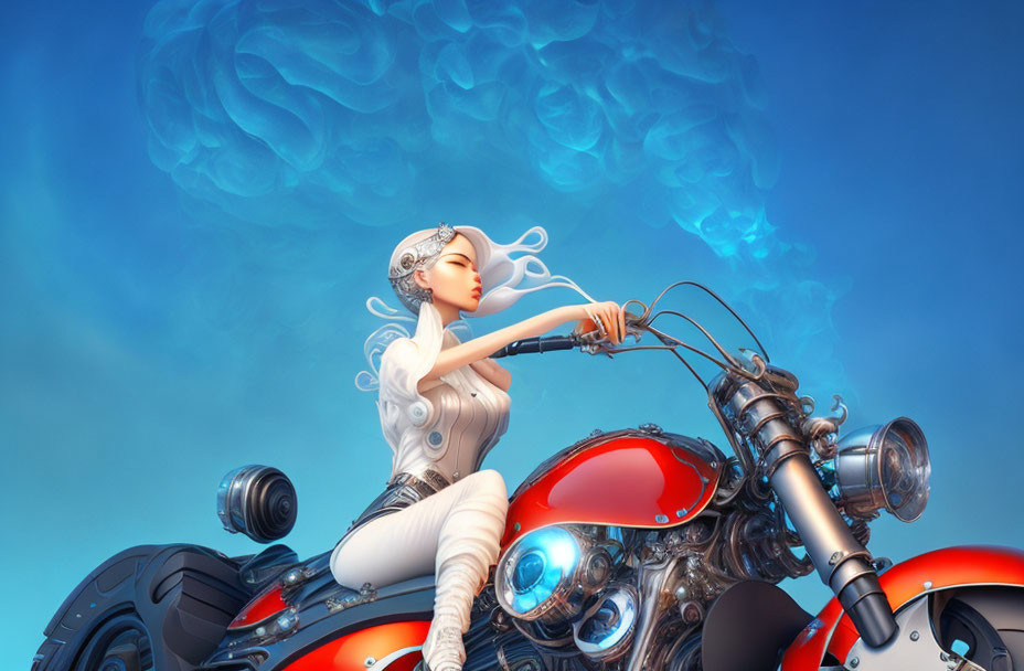 White-haired female cyborg on stylized motorcycle under blue sky