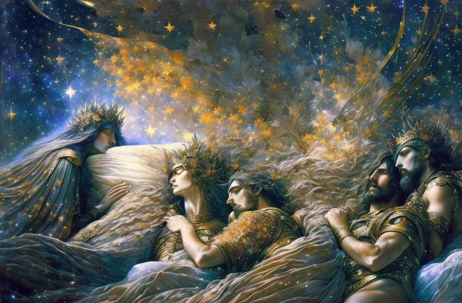 Ethereal artwork: Four figures in golden armor amid cosmic backdrop