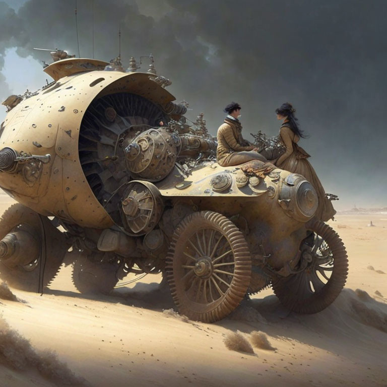 Vintage-attired duo on steampunk vehicle in desert landscape