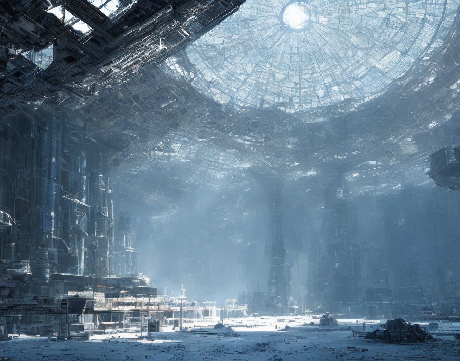 Abandoned futuristic structure with towering walls and broken ceiling.