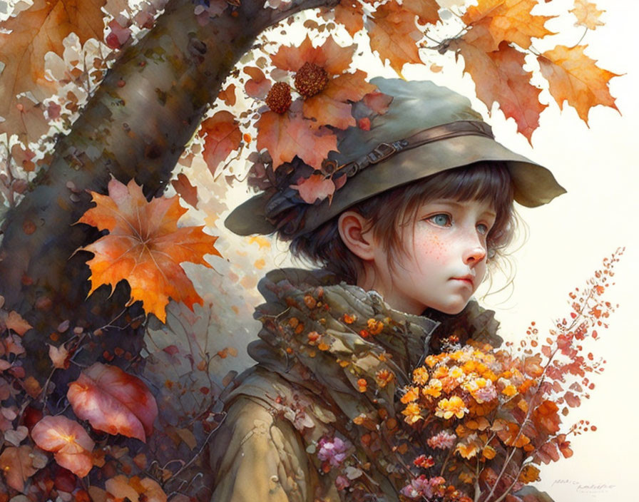 Illustrated child in autumnal attire holding flowers among falling leaves.