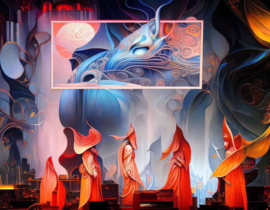 Vibrant surreal artwork: draped figures in red futuristic cityscape