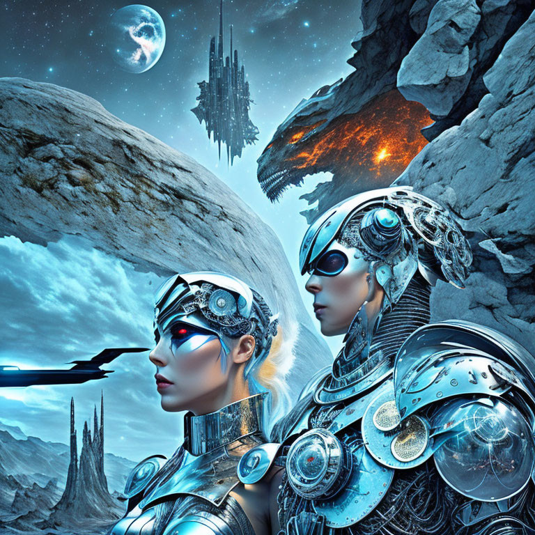 Futuristic androids in detailed armor with moons and floating city.