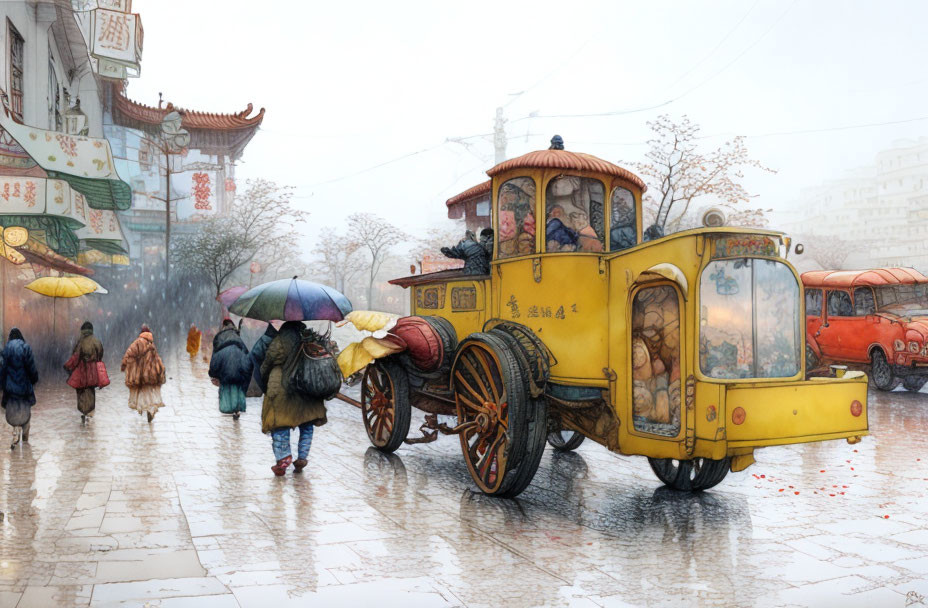 Vintage yellow bus in rainy street with Chinese architecture and pedestrians.