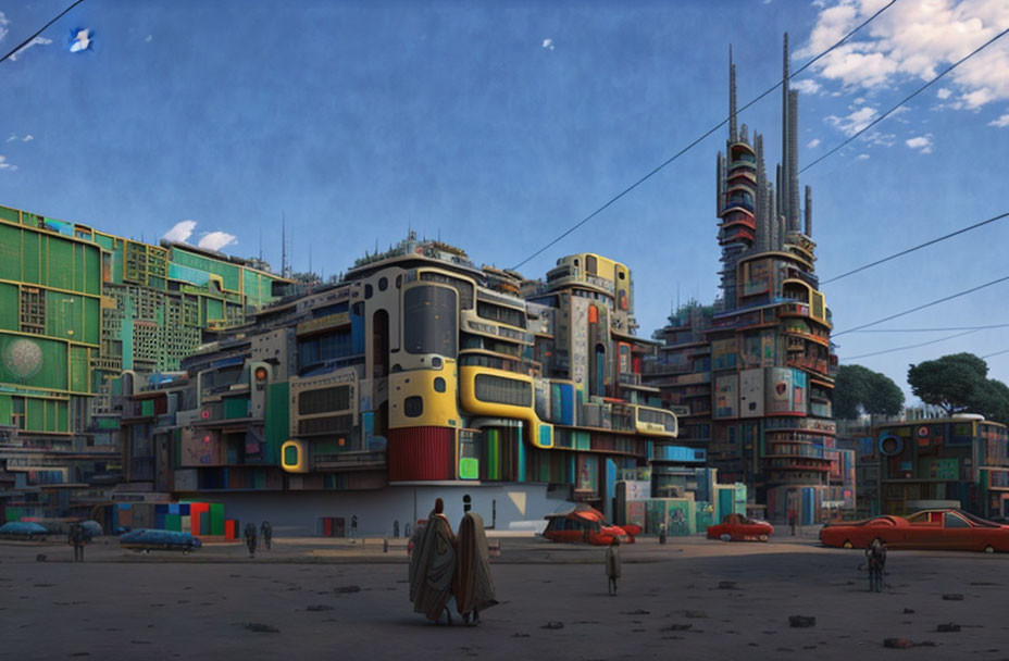 Eclectic futuristic cityscape with flying cars and pedestrians.