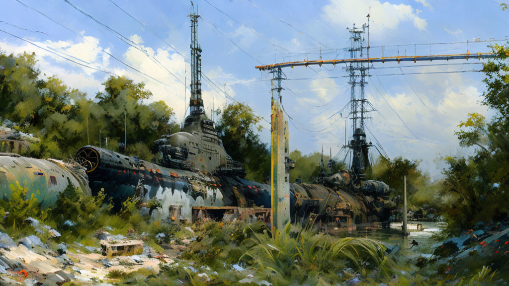 Abandoned naval graveyard with dilapidated submarine and ship