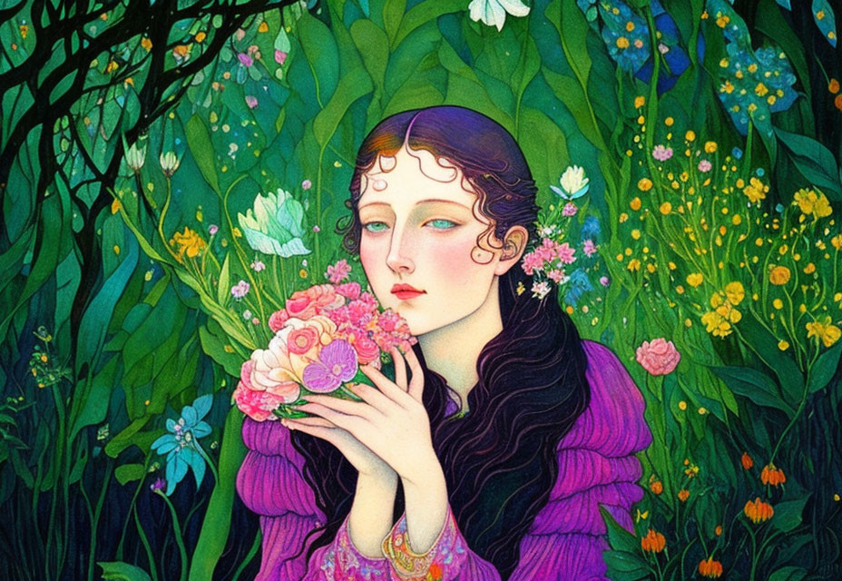 Stylized illustration of woman in purple garment with pink flowers