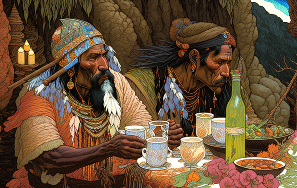 Native American men in traditional attire with feather headdresses at table in rocky landscape.