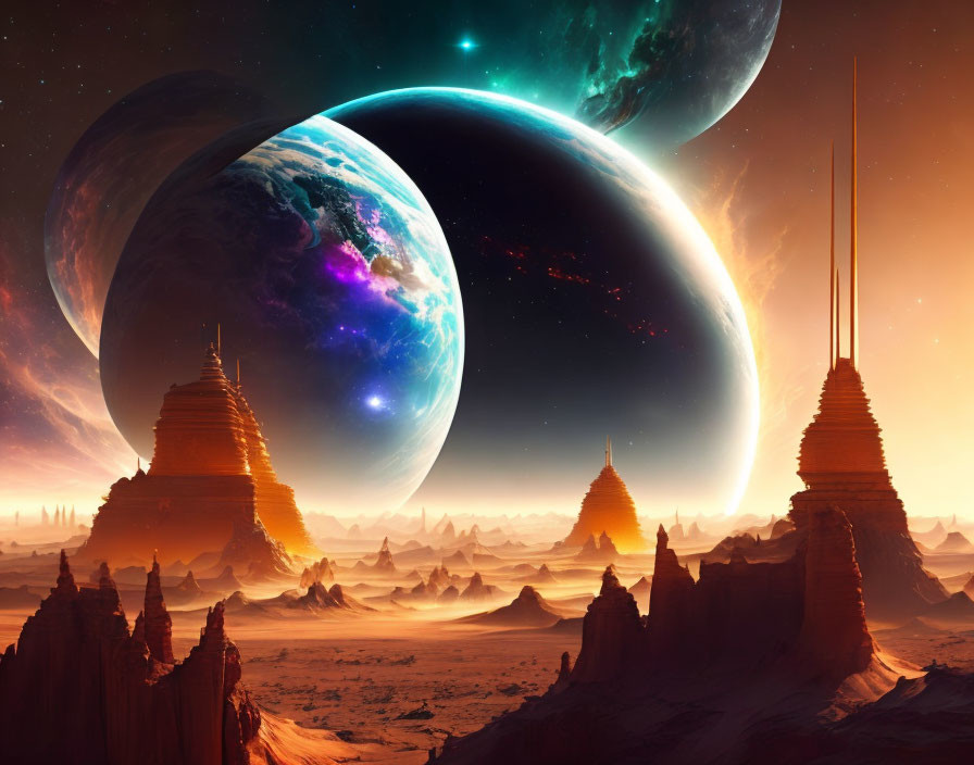 Surreal sci-fi landscape with ancient temples and celestial bodies