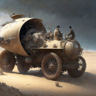 Vintage-attired duo on steampunk vehicle in desert landscape