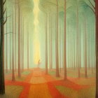 Solitary figure in misty forest with red leaves and tall trees