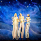 Three women in fantasy armor against mystical cityscape with moon and shooting star