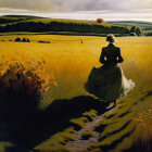 Surreal landscape with golden fields, figure in red hat, unique flora, and distant castle under