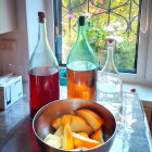 Colorful Glass Bottles, Bird Motif Bowl, Tree View Window in Still Life Painting