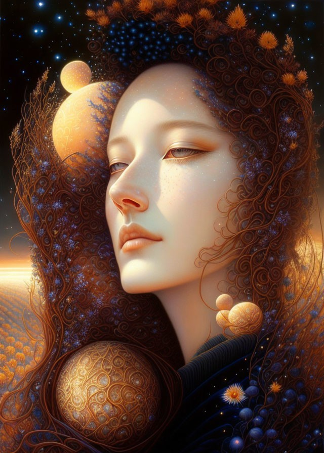 Cosmic-themed surreal portrait of a woman with floral motifs