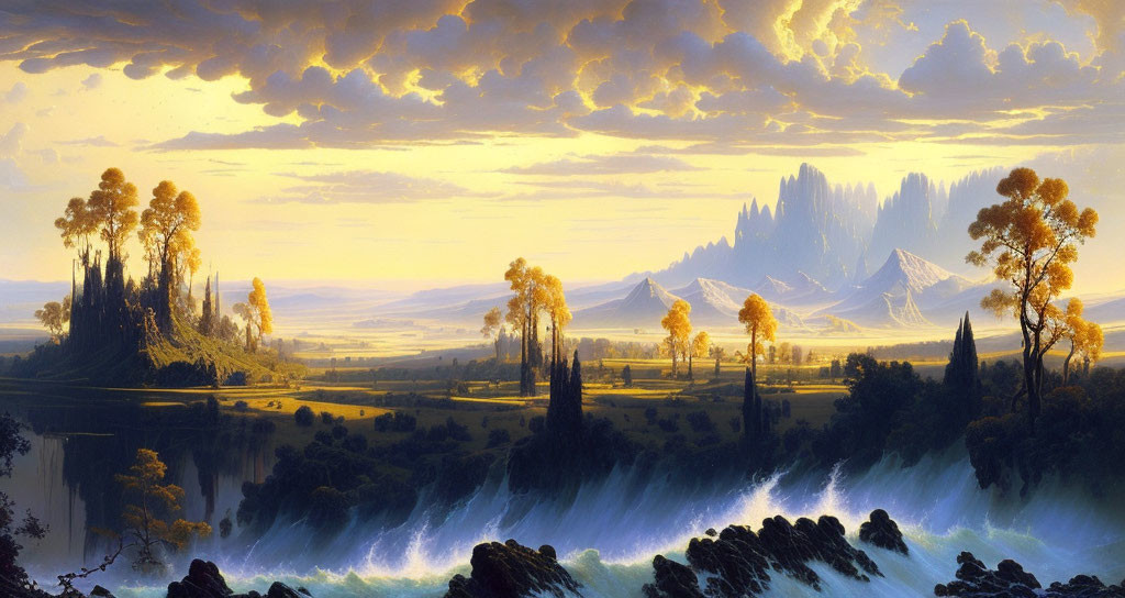 Vibrant sunrise over towering trees, rolling hills, and dramatic waterfall