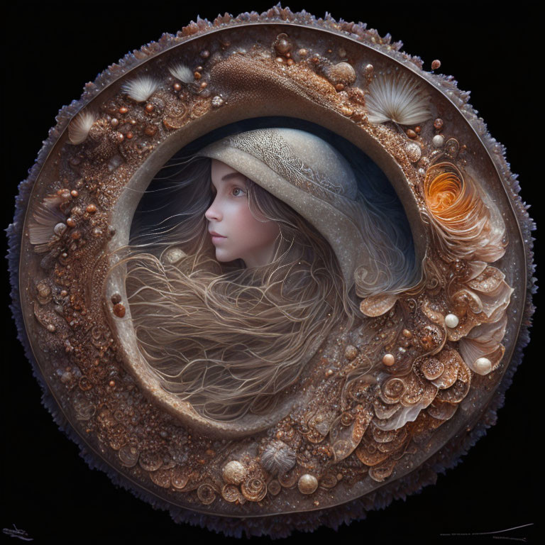 Surreal portrait of a woman in circle with ornate textures and seashell-like elements