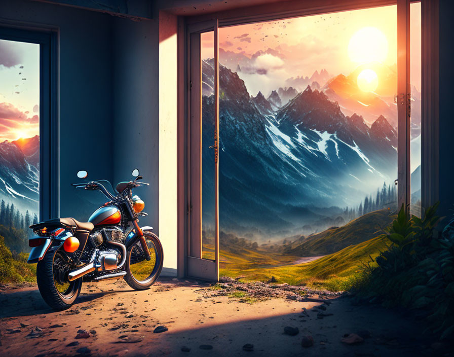 Motorcycle parked in open garage with sunset over mountains & valley