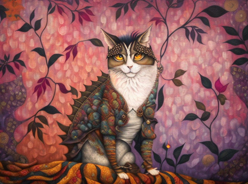 Whimsical painting of cat in regal costume with human-like expression