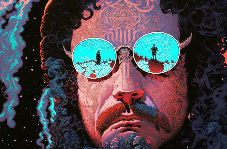 Curly-haired person in reflective sunglasses with surreal landscape reflection on detailed, psychedelic background