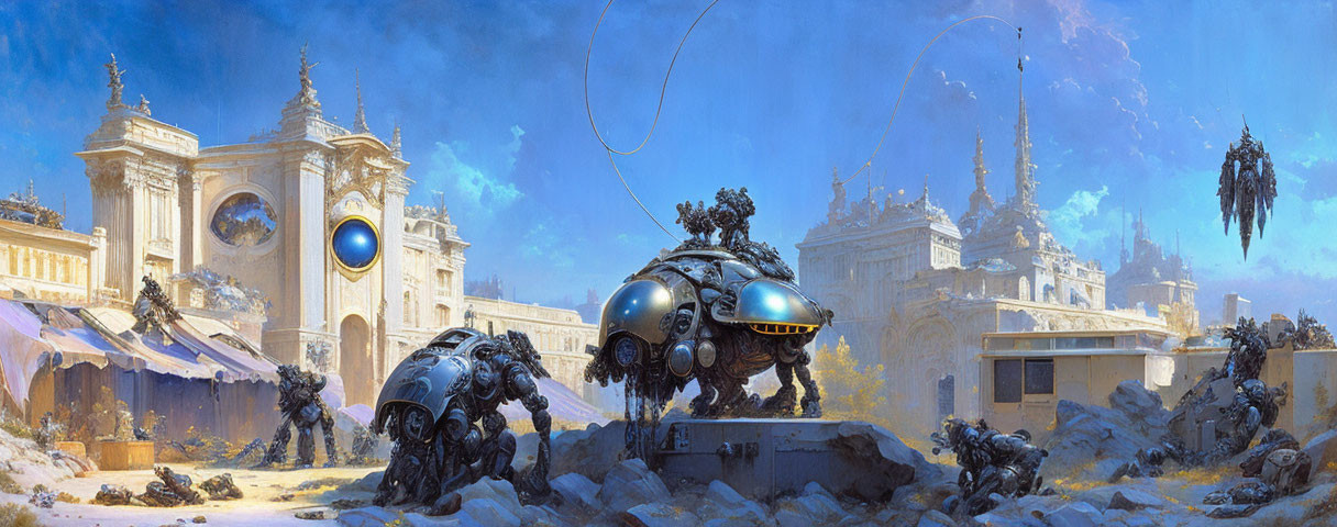 Futuristic robots exploring classical ruins under clear blue sky