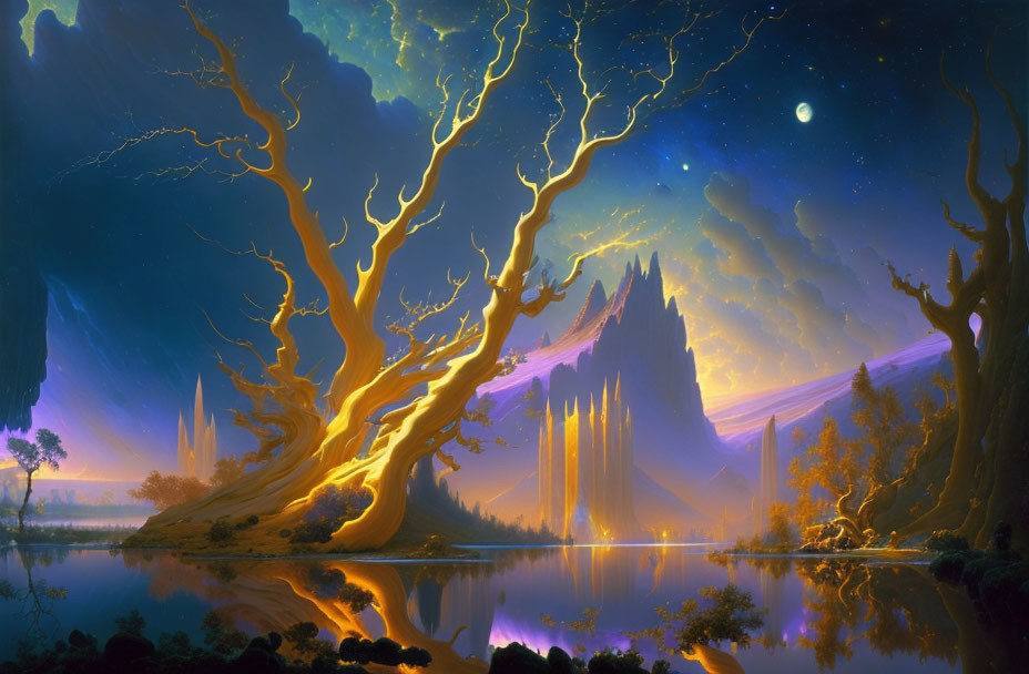 Luminous tree in ethereal fantasy landscape with mountains, lake, and night sky