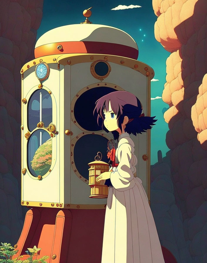 Purple-Haired Girl by Ornate Elevator in Rock Formation Landscape