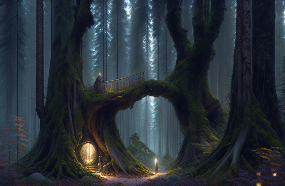 Mystical forest twilight with tall trees, arched doorway, and wooden bridge in warm light