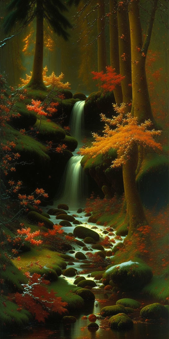 Tranquil forest scene with waterfall, moss-covered rocks, autumn trees, and flowing stream