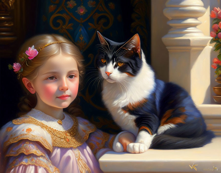 Young girl with floral hair accessory and black white cat in ornate setting