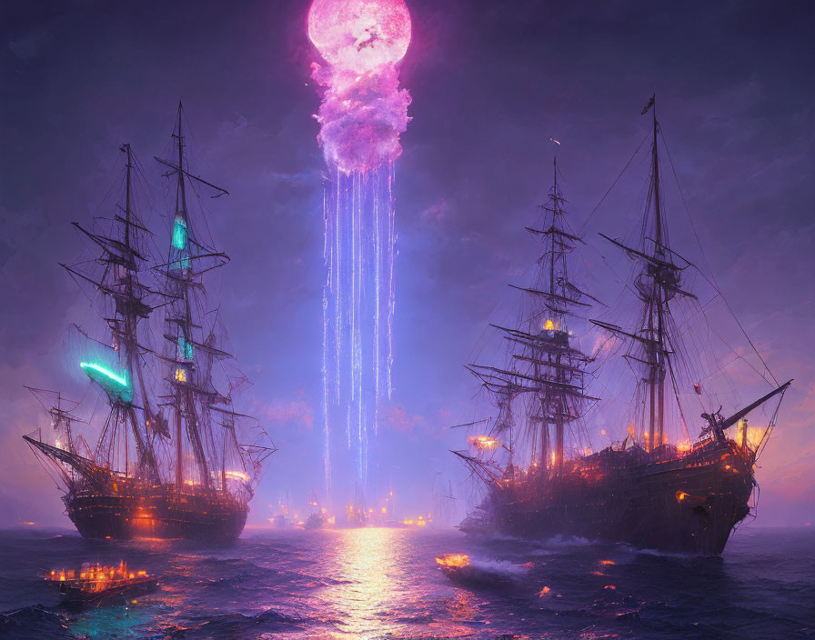 Luminous violet ocean with sailing ships and massive moon