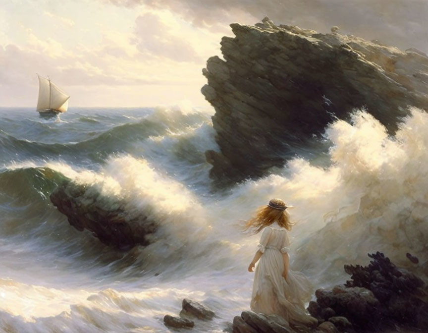 Woman in white dress and hat on rocky shore watching sailboat in turbulent sea waves